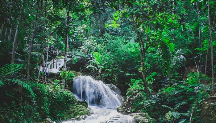 A river formed a waterfall by flowing down on the rocks