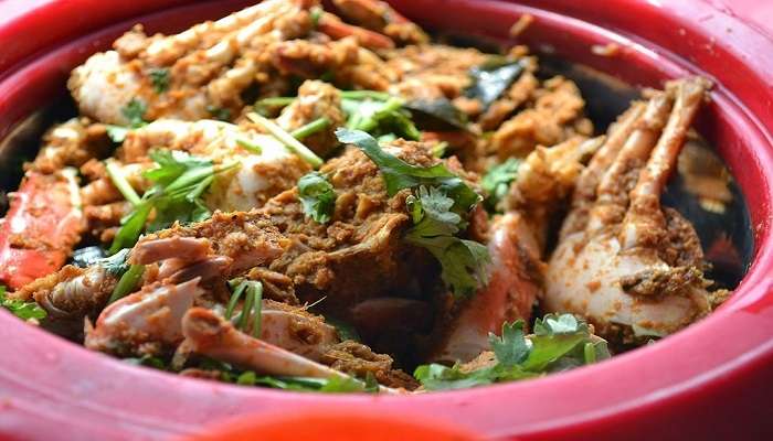 Chettinad crab curry served.