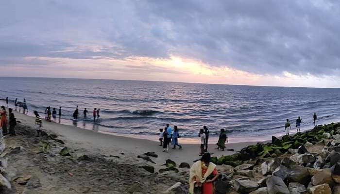 People enjoying the calm Cherai Beach.