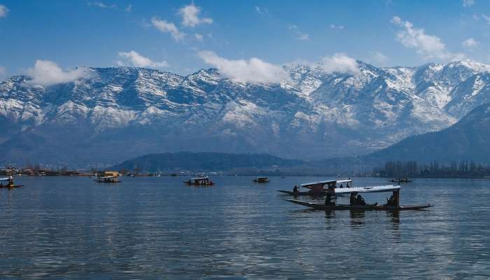 Dal Lake with snow-capped mountains in the background