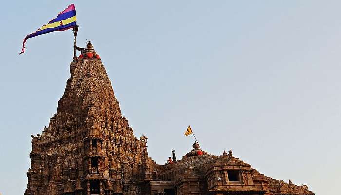 The Dwarka flag at Dwarkadhish Temple located near Shivrajpur Beach