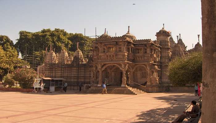 The beautiful facade of the Hathee Singh Jain Temple in Gujarat.