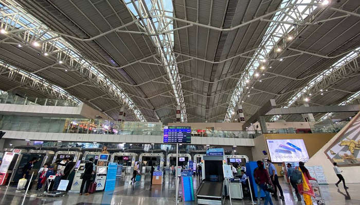 The terminal of Indore airport to reach the Mohadi Falls.