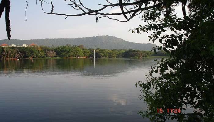 Chamundi Hills views from Karanji Lake, a famous picnic spot near Gumbaz Srirangapatna. 