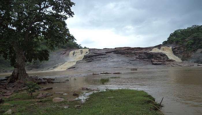 A scenic view of the two streams at the waterfall , a few hours drive from Ramagundam.