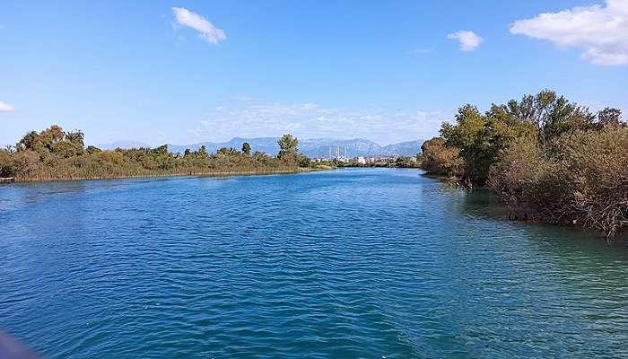 View of the blue Manavgat River, placed nearby Manavgat Waterfalls