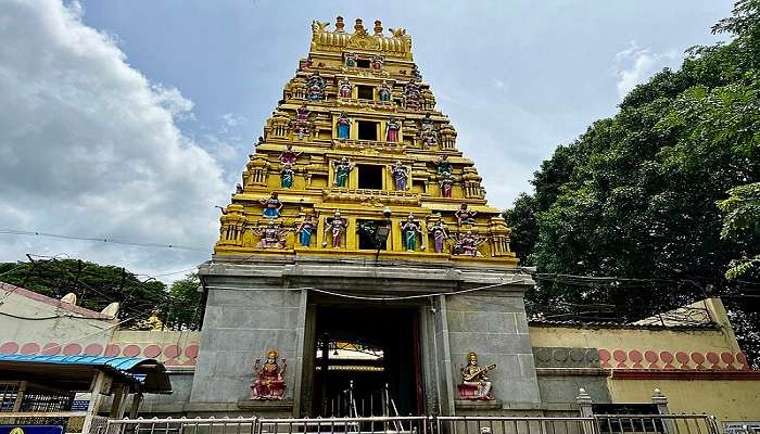 Visitors at the Nimishamba Temple, a Hindu shrine.