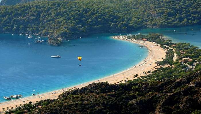 Aerial view of paragliding Over Oludeniz Beach. 