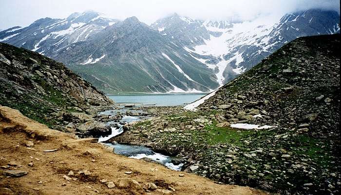 The beautiful Sheshnag Lake from Pissu Top on the Amarnath Yatra.