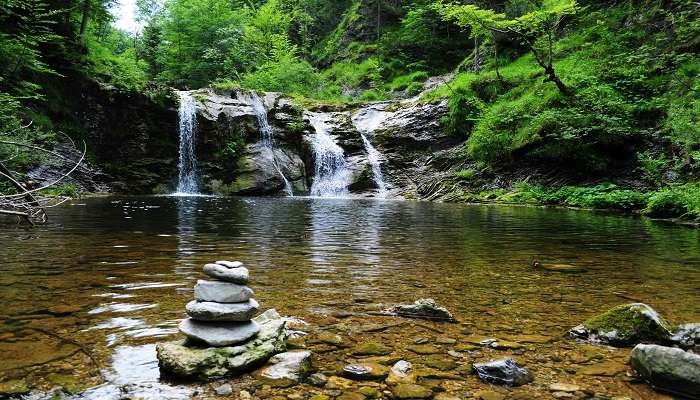 A long shot of the waterfall