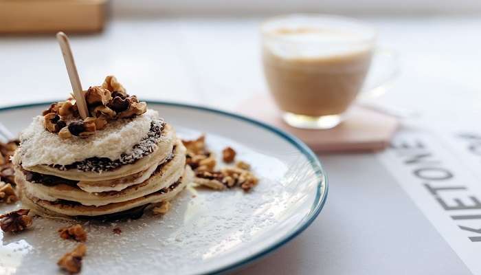 Breakfast pancakes served in a cafe