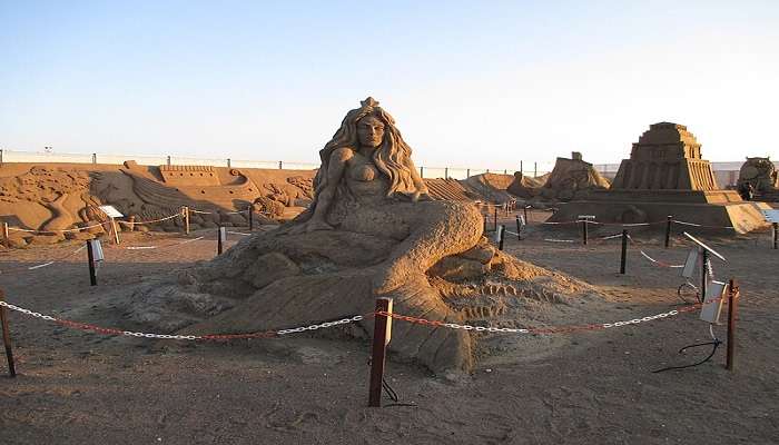 Sand sculpture of a Mermaid at Sandland Antalya.