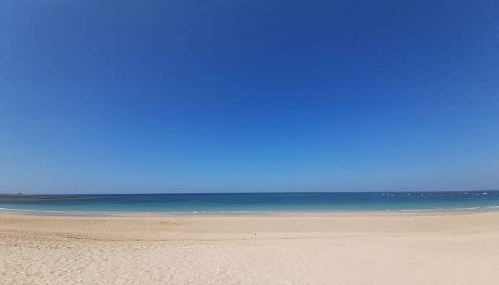 View of the vast blue sea and sky seen from the Shivrajpur Beach