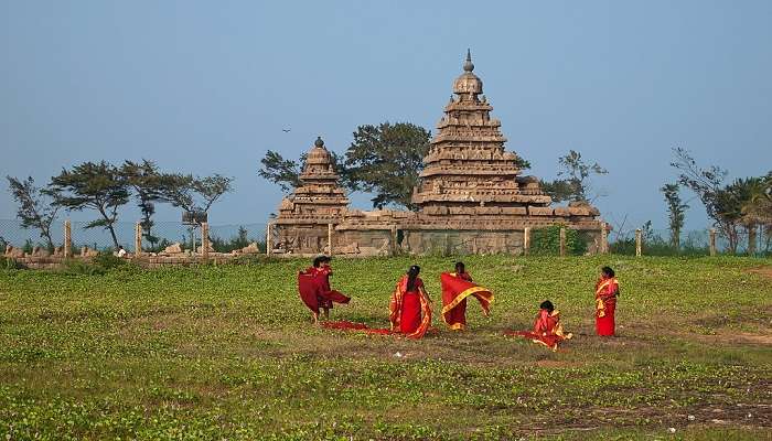 A scenic masterpiece of the skyline Shore temple complex near Tiger caves in Mahabalipuram.