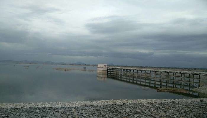 The Yellampalli dam surrounded by trees and lake.