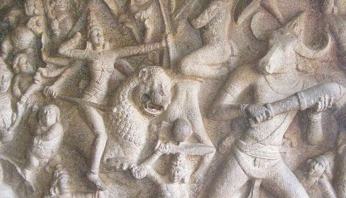 Rock cut Carvings portraying Mahishasur vadh by Goddess Durga in Mahabalipuram Tiger caves.