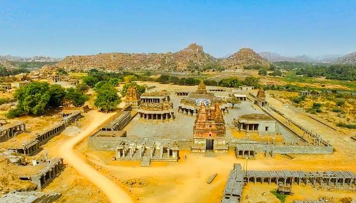 Aerial view of Vithala Temple Complex one of the best places to visit near Hampi with Family