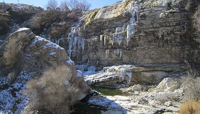 Tortum Waterfalls in February with with icy formations.