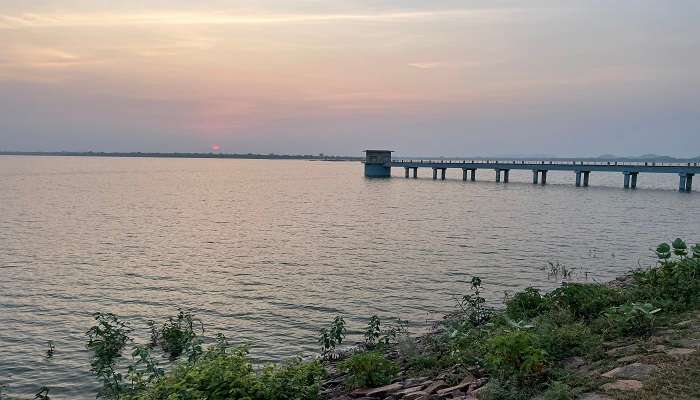 A panoramic view of sunset at Bargi Dam near the Marble rocks madhya pradesh. 