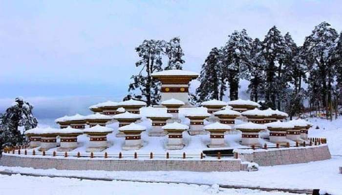 The view of stupas at Dochula Pass in winters