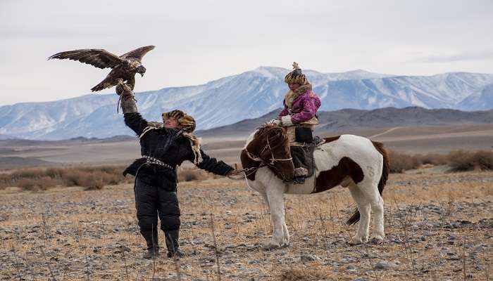 Kazakh Eagle Hunters wear traditional clothes during the Golden Eagle Festival in Mongolia.