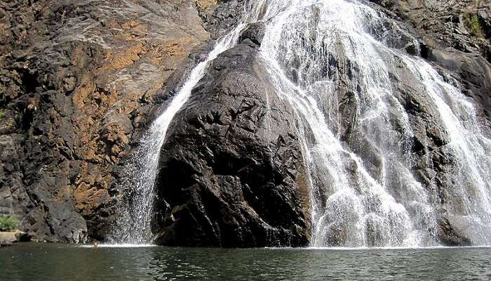 The majestic Dudhsagar Waterfalls in Goa near the Shri Mangueshi Temple.