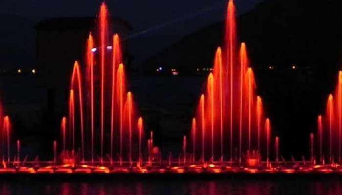 Colourful fountain light tower at night!