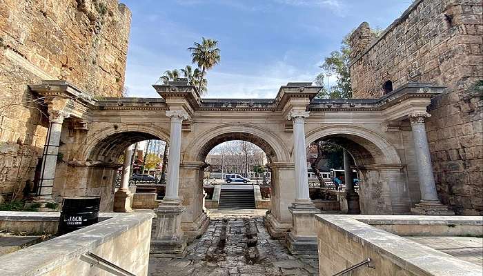 Walking through Hadrian’s Gate in Antalya.