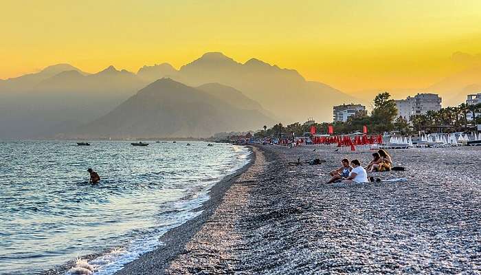 A scenic view of Konyaaltı Beach in Antalya from cliffs. 