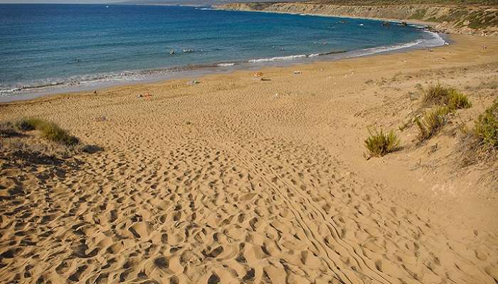 Golden sands of Lara Beach, a famous attraction.