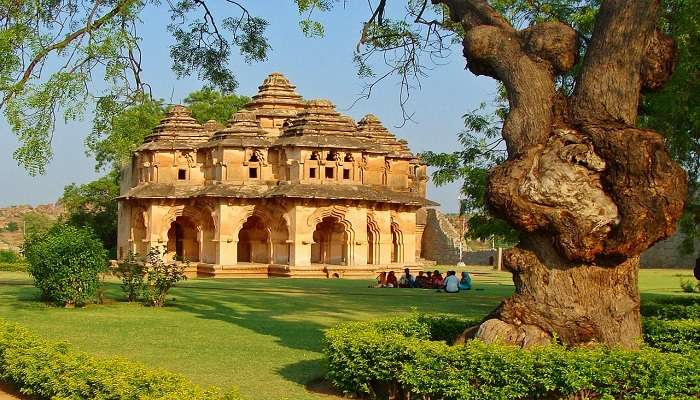 The majestic monument of Lotus Mahal near the hazara rama temple.