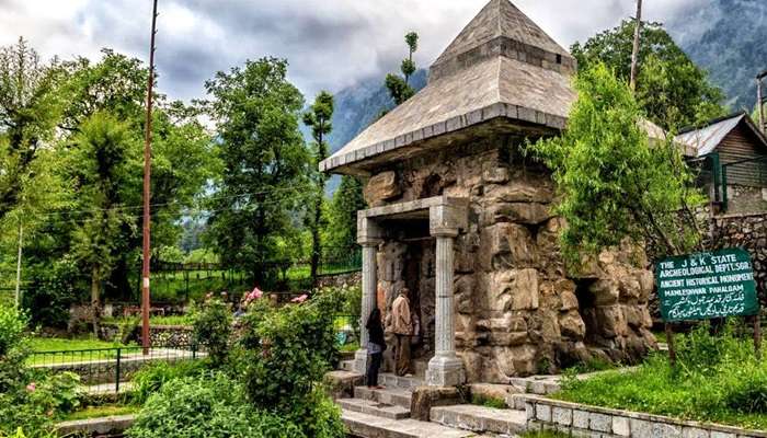 The front view of the historic Mamaleshware Temple, Pahalgam near the Martand Sun Temple.