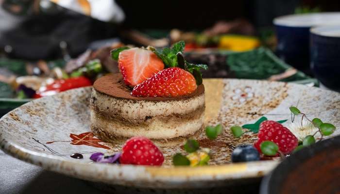 Pancakes served with strawberries