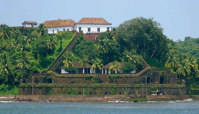 Historic Reis Magos Fort, overlooking the Mandovi River, in an aerial view near the Dona Paula Viewpoint.