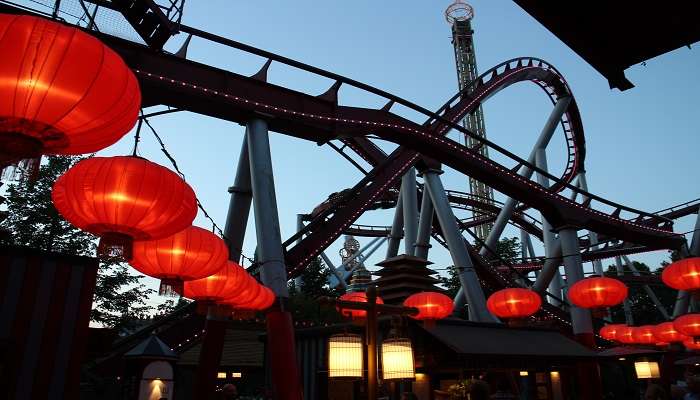 Tivoli Gardens in Copenhagen, showing the main amusement area 