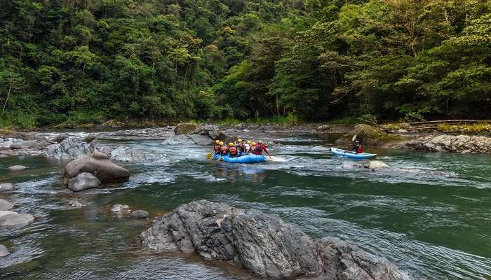 Group of tourists rafting on the Sutlej River in Tattapani 