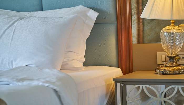 Interiors of a hotel room with woodwork 