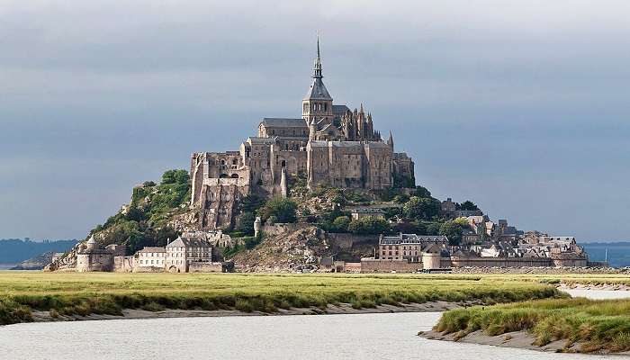 Panoramic view of Mont Saint-Michel at sunset