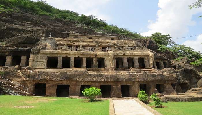 The rock-cut Undavalli Caves, showcasing ancient Indian rock architecture near Kondaveedu Fort. 