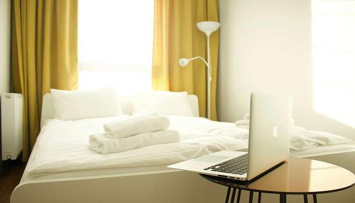 Breakfast tray at a hotel bed 