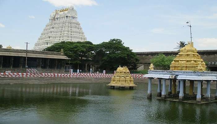 Varadharaja Perumal Temple, featuring its towering gopuram and intricately carved pillars.