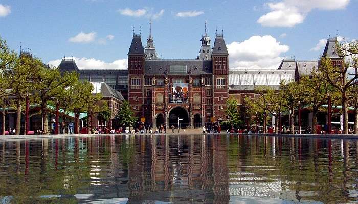 Exterior view of the Rijksmuseum with beautiful architecture.