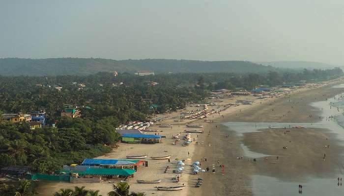  Calm view of Arambol Beach having golden sand with clear waters and multi-coloured chasers flying high in the sky near the Chapora River Cruise. 