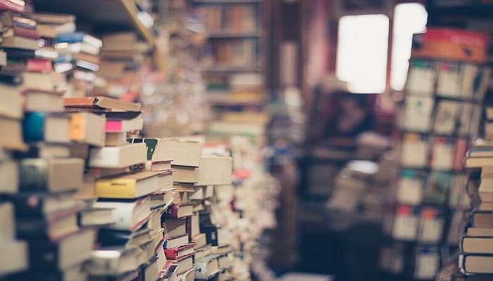 Various books are on display at a street market in Nainital.