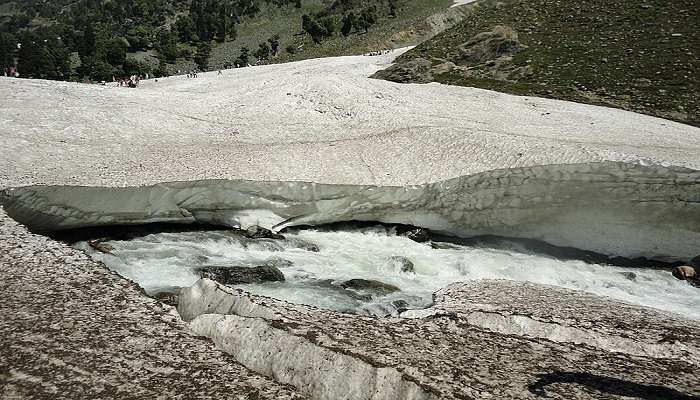 Chandanwari, the starting point of the holy pilgrimage of Amarnath, has a snow-covered landscape near the Sheshang lake.