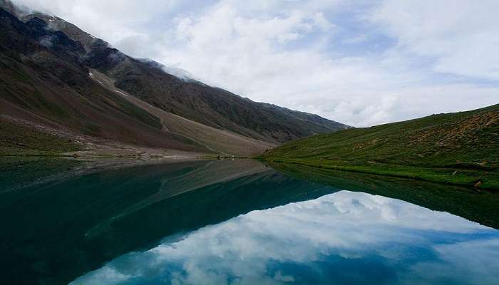 Chandratal Lake, also known as the "Moon Lake," is a high-altitude lake