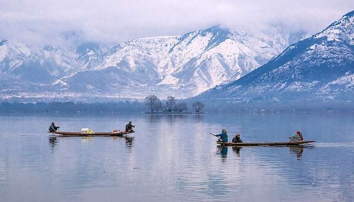 Colourful shikaris slide across the still waters of Dal Lake, with its houseboats and snow-capped mountains.