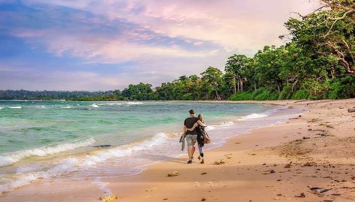 The golden sand of Ramnagar beach creates a mesmerising hue during the sunset