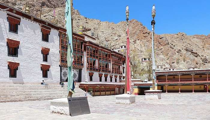 Hemis Monastery is surrounded by rugged mountains.