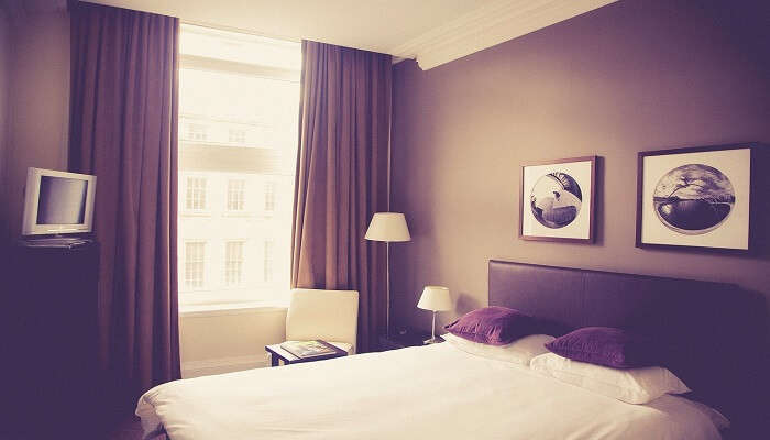 A decorated bedroom in a hotel